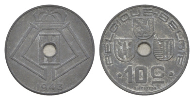 Бельгия 10 сантимов 1943 Belgique - Belgie, Леопольд III (1934-1947), германская оккупация, Вторая мировая война KM 125 цинк 4639-246