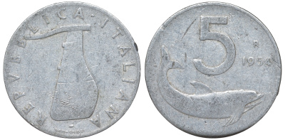 Италия 5 лир 1954 R, плуг, дельфин KM 92 алюминий 4596-422