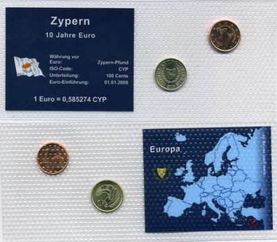 Кипр набор из 2 монет 2003-2008 запайка в целлофан, 1 цент 2003, 1 евроцент 2008 UNC 2-6-3-26