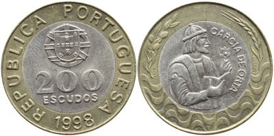 Португалия 200 эскудо 1998 Гарсия Де Орта (1501-1568) KM 655 биметалл 4394-825