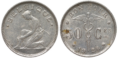 Бельгия 50 сантимов 1928 Belgique KM 87 никель 4164-149