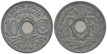Франция 10 сантимов 1941 KM 896, Le Franc 140/2 цинк UNC 4584-925