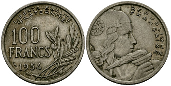 Франция 100 франков 1954 KM 919.2 медно-никель 4575-352