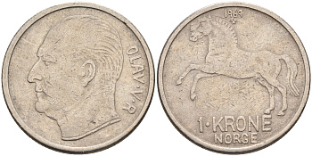 НОРВЕГИЯ 1 КРОНА 1969 ЛОШАДЬ KM 409 медно-никель 4589-447