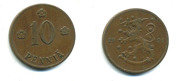 Финляндия 10 пенни 1921 республика (1918-1962) KM 24 медь 29-815