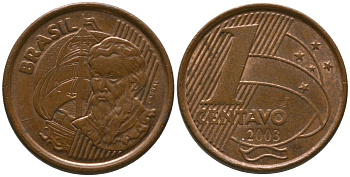 Бразилия 1 сентаво 2003 KM 647, Schon 155 сталь плакированная медью 4576-556