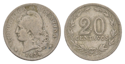 Аргентина 20 сентаво 1924 KM 36 медно-никель 4655-1022