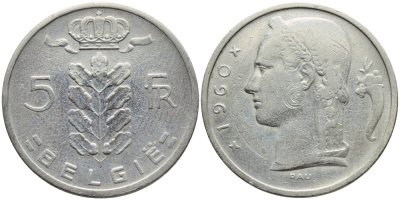 Бельгия 5 франков 1960 Belgie, Бодуэн I (1951-1993) KM 135.1 медно-никель 3999-853