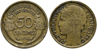 ФРАНЦИЯ 50 САНТИМОВ 1939 ТИП МОРЛОН KM 894.1, LE FRANC 192.15 алюминиевая бронза 23-615