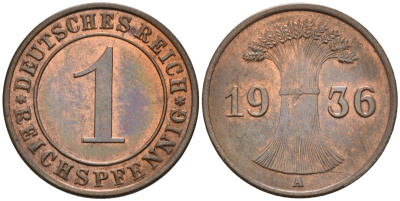 Германия 1 рейхспфенниг 1936 A KM 37, J.313, Weege 2 медь 4585-639