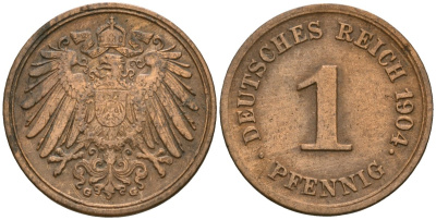 Германия 1 пфенниг 1904 G, Вильгельм II (1888-1918) KM 10, J. 10 медь 4608-237