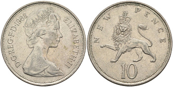 Великобритания 10 пенсов 1968 Елизавета II (1952-2022) KM 912, Spink 4231 (F1) медно-никель 81-1214