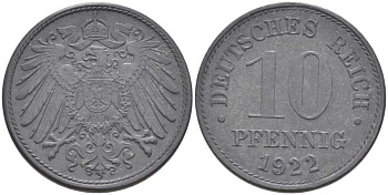 ГЕРМАНИЯ 10 ПФЕННИНГОВ 1922 KM 26, J.299, Weege 8 цинк 202-221