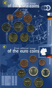 ФРГ евронабор из 8 монет 2002 1, 2, 5, 10, 20, 50 евроцентов, 1, 2 евро биметалл UNC 7-5-2-6