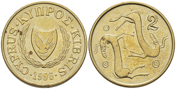 КИПР 2 ЦЕНТА 1996 KM 54.3 никель латунь 4364-3659