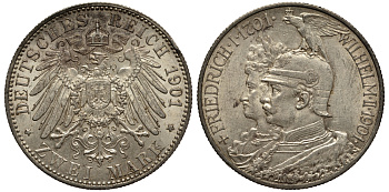 Пруссия 2 марки 1901 A, 200 лет Прусской королевской династии (Фридрих I - Вильгельм II) J.105, Weege 105, KM 525 серебро 1519-325