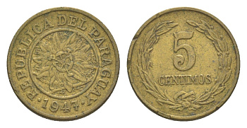 Парагвай 5 сентимо 1947 KM 21 алюминиевая бронза 4643-359