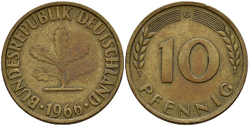 ФРГ 10 пфеннигов 1966 G J. 383, KM 108 сталь плакированная латунью    4603-326