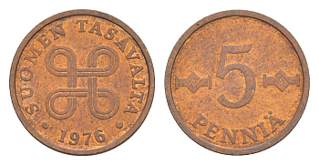 Финляндия 5 пенни 1976 KM 45 медь 4647-267