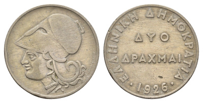 Греция 2 драхмы 1926 Афина в коринфском шлеме, год-тип KM 70 медно-никель 4670-127