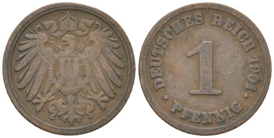 Германия 1 пфенниг 1901 D, Вильгельм II (1888-1918) KM 10, J. 10 медь 4615-714