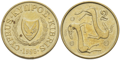 КИПР 2 ЦЕНТА 1996 KM 54.3 никель латунь 4364-3659