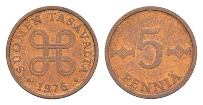 Финляндия 5 пенни 1976 KM 45 медь 4647-267