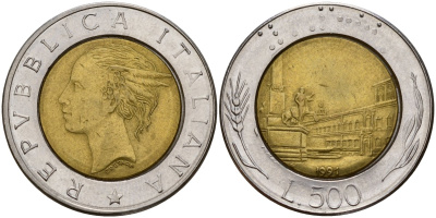 Италия 500 лир 1991 R, Квиринальский дворец в Риме KM 111 биметалл 4156-446