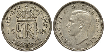 Великобритания 6 пенсов 1945 Георг VI (1936-1952) KM 852, Spink 4084 серебро 4538-547