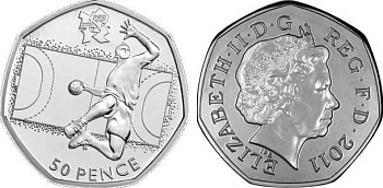 Великобритания 50 пенсов 2011 XXX летние Олимпийские игры в Лондоне в 2012 году, гандбол, в оригинальном картонном буклете, с Олимпийской голограммой (15/29) KM 1192 медно-никель  UNC  3-6-6-24