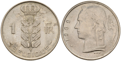 Бельгия 1 франк 1969 Belgique KM 142.1 медно-никель  UNC  4161-1245