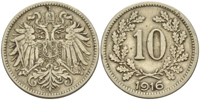 Австрия 10 геллеров 1916 Франц Иосиф (1848-1916) KM 2822 медь никель цинк 4151-1238