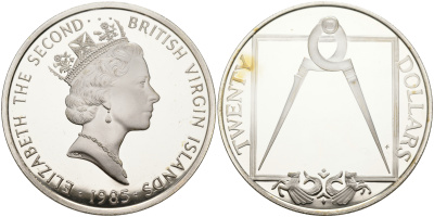Британские Виргинские острова 20 долларов 1985 латунный циркуль KM 68 серебро  PROOF  1095-2-53