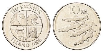 Исландия 10 крон 2006 рыбы KM 29.1a сталь плакированная никелем UNC 4691-256
