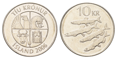 Исландия 10 крон 2006 рыбы KM 29.1a сталь плакированная никелем UNC 4691-256