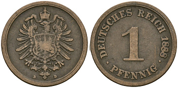 Германия 1 пфенниг 1888 D, Вильгельм I (1871-1888) KM 1, J. 1 медь 4387-225