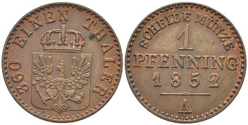 ПРУССИЯ 1 ПФЕННИГ 1852 А, ФРИДРИХ ВИЛЬГЕЛЬМ IV (1840-1861) KM 451 медь 201-533