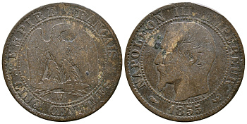 ФРАНЦИЯ 5 САНТИМОВ 1855 W, НАПОЛЕОН III (1852-1870) KM 777.7, LE FRANC 116.28 бронза 3999-152