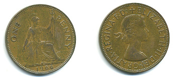 Великобритания 1 пенни 1966 Елизавета II (1952-2022) KM 897, Spink 4157 бронза 54-2514