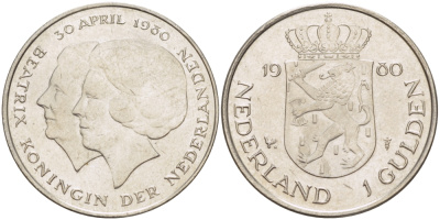 Нидерланды 1 гульден 1980 на коронацию Беатрикс, 30 апреля 1980 KM 200 никель 31-835