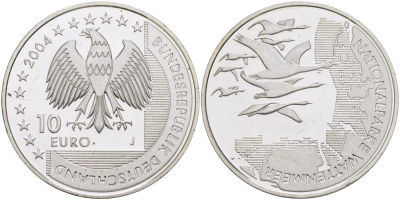 ФРГ 10 евро 2004 J, Национальный парк, Ваттовое море (Wattenmeer) KM 232, DE.S 10.15 серебро PROOF 1076-6-22