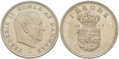 ДАНИЯ 1 КРОНА 1967 C; S, ФРЕДЕРИК IX (1947-1972) KM 851.1 медно-никель 95-547