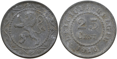 Бельгия 25 сантимов 1916 германская оккупация Первая мировая война, Альберт I (1910-1934) KM 82 цинк 4157-431