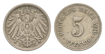 Германия 5 пфеннигов 1910 A, Вильгельм II (1888-1918) KM 11, J. 12 медно-никель 4640-131