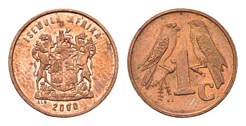 ЮАР 1 цент 2000 герб, капские воробьи KM 170 сталь плакированная медью UNC 4694-144