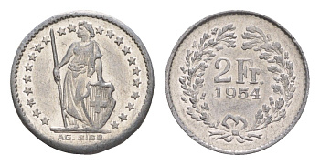 Швейцария игровой жетон в 2 франка 1954 диаметр 16 мм, вес 0,38 гр алюминий 4651-1167