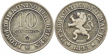 БЕЛЬГИЯ 10 САНТИМОВ 1895 BELGEN KM 43 медно-никель 4448-743