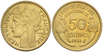 ФРАНЦИЯ 50 САНТИМОВ 1941 ТИП MORLON KM 894.1, LE FRANC 192.18 алюминиевая бронза 44-429