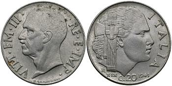 ИТАЛИЯ 20 ЧЕНТЕЗИМО 1941 R, ВИКТОР ИМАНУИЛ, XIX ГОД KM 75b нержавеющая сталь 98-133