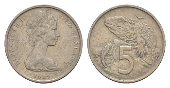 Новая Зеландия 5 центов 1969 Елизавета II (1952-2022), ящерица гаттерия KM 34.1 медно-никель 4655-1153